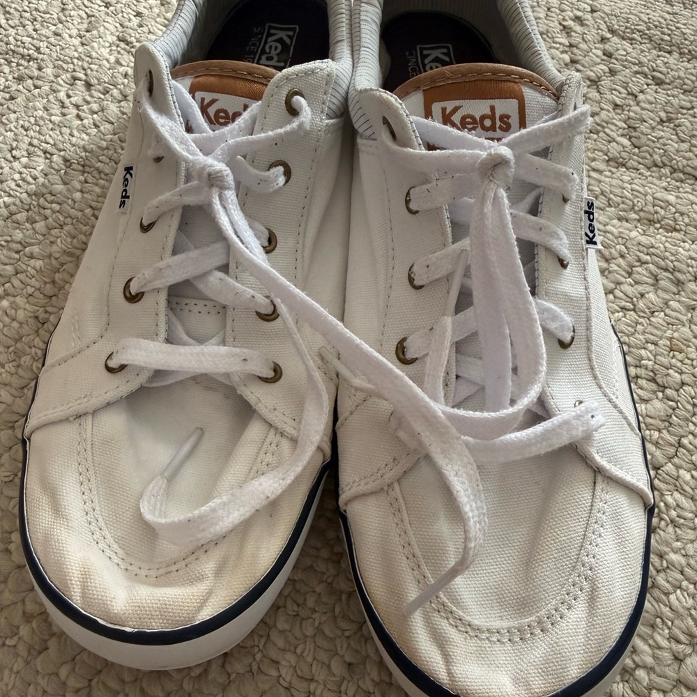 Keds White Canvas Sneakers with Navy Trim and Tan Heel Tab